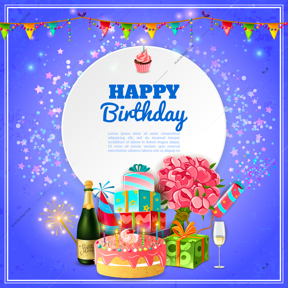 Happy birthday party template for background or invitation card with cake champagne and decorations abstract vector illustration