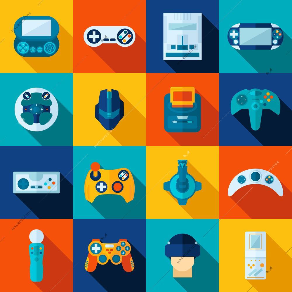 Video game flat long shadow icons set isolated vector illustration