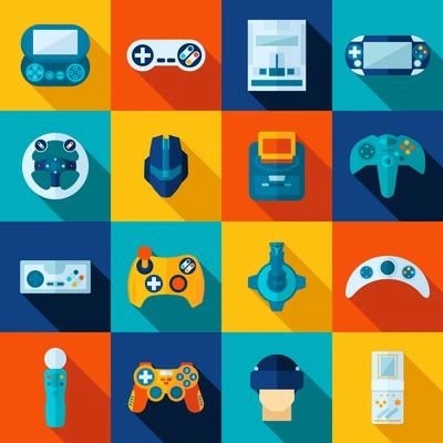 Video game flat long shadow icons set isolated vector illustration