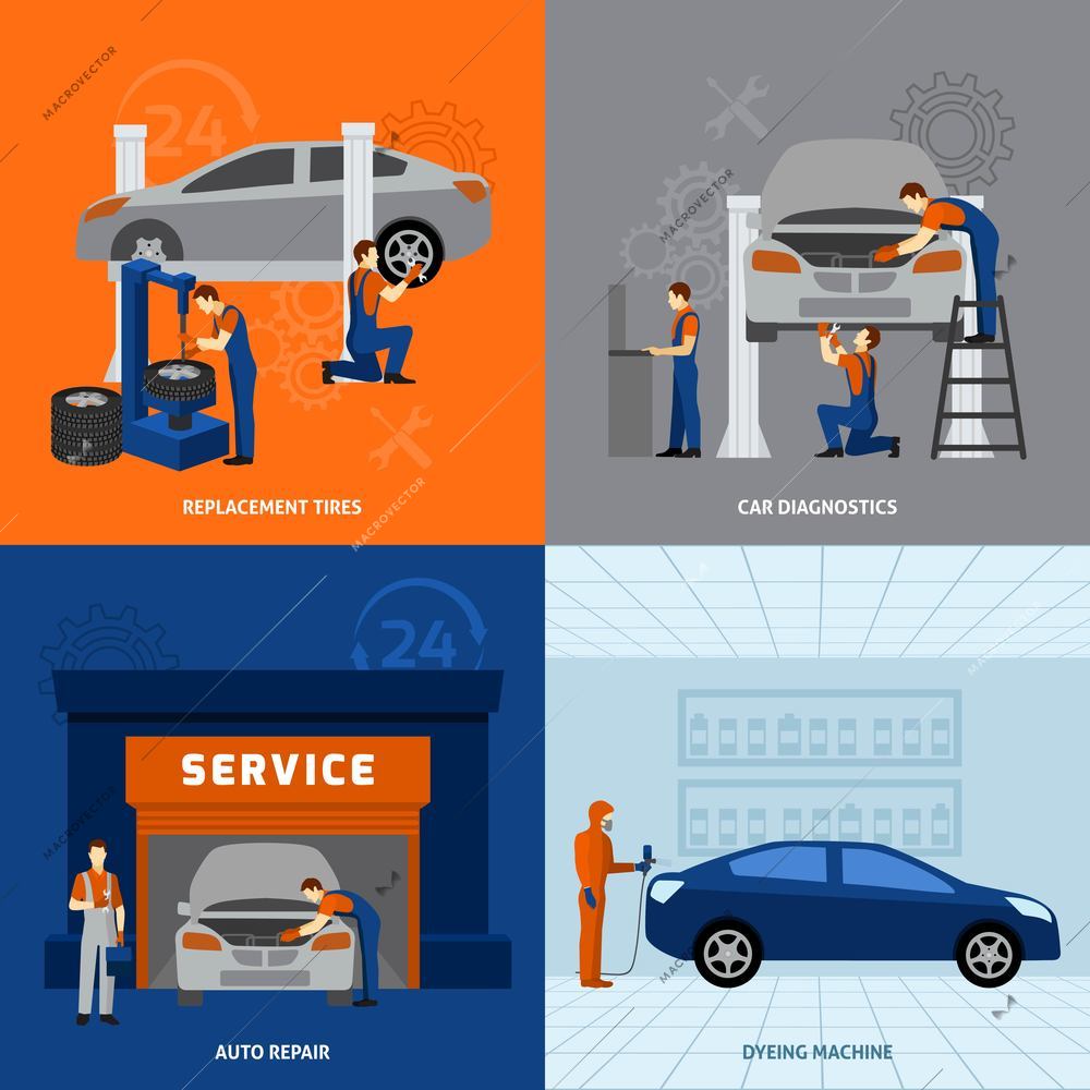 Mechanic design concept set with tires replacement auto repair flat icons isolated vector illustration