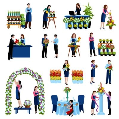 Florists arranging cut flowers and decorating wedding arch with roses flat icons set abstract isolated vector illustration