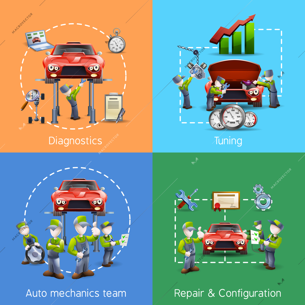 Auto mechanic diagnostics and repair service center 4 flat icons square composition banner abstract vector isolated illustration