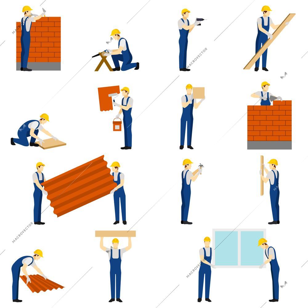 Builders icons set with work people silhouettes isolated vector illustration