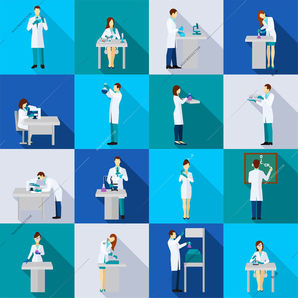 Scientist person flat icons set with people in chemistry lab isolated vector illustration