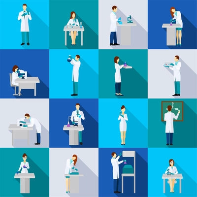 Scientist person flat icons set with people in chemistry lab isolated vector illustration