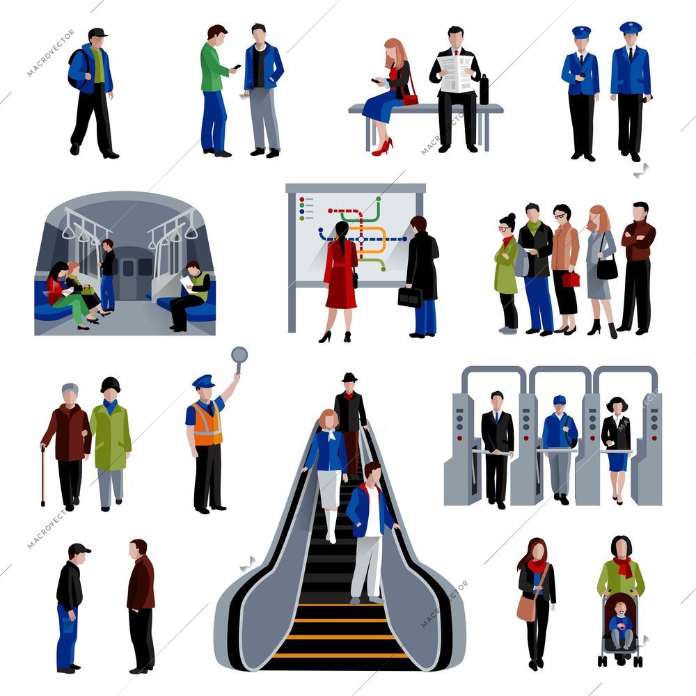 Subway rapid transit trains system flat icons set with passengers on platform flat  abstract isolated vector illustration