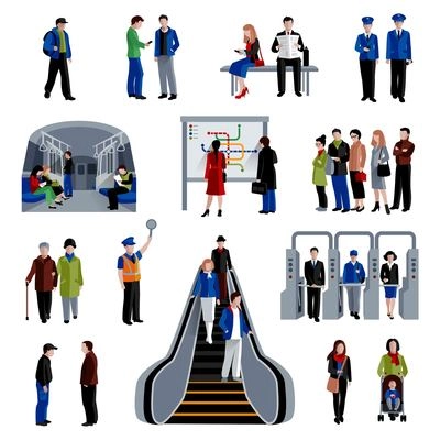 Subway rapid transit trains system flat icons set with passengers on platform flat  abstract isolated vector illustration