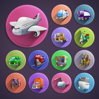 Transport and logistics cartoon round icons set with plane and ship on violet background shadow isolated vector illustration