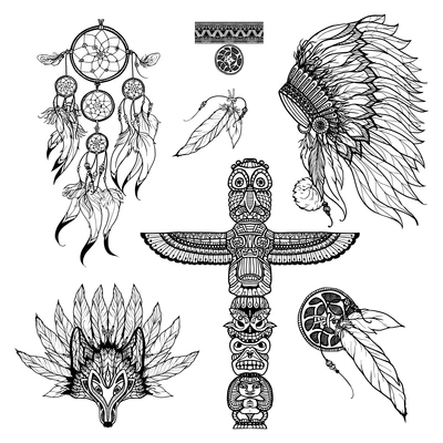 Tribal doodle set with animal mask dreamcatcher and totem isolated vector illustration