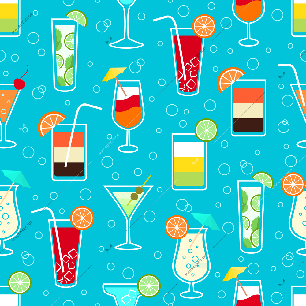 Seamless pattern background with alcohol cocktail drinks of martini margarita tequila vodka vector illustration