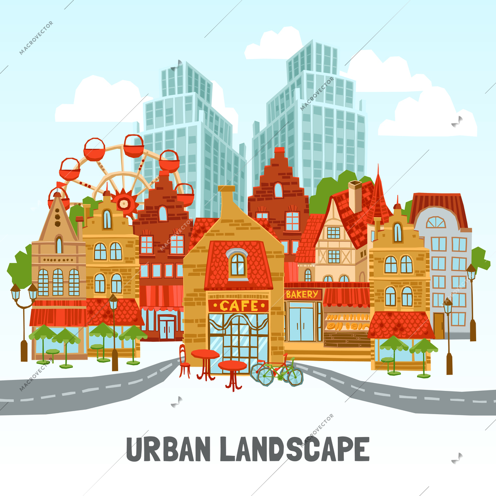 City concept with old style buildings and modern skyscrapers flat vector illustration