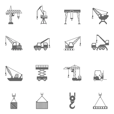 Cranes for different construction projects black icons set with tower and floating cranes abstract isolated vector illustration