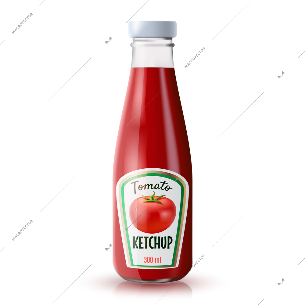 Traditional glass tomato ketchup bottle isolated on white background realistic vector illustration