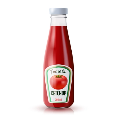 Traditional glass tomato ketchup bottle isolated on white background realistic vector illustration