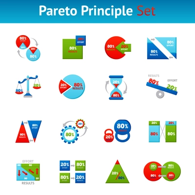 Powerful pareto principle 80 20 rule for business results flat icons set square abstract vector isolated illustration