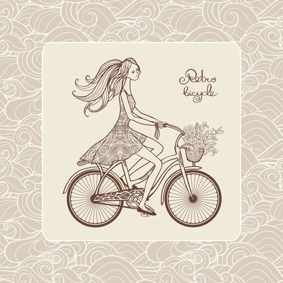 Retro style postcard with girl riding a bicycle and ornamental background vector illustration