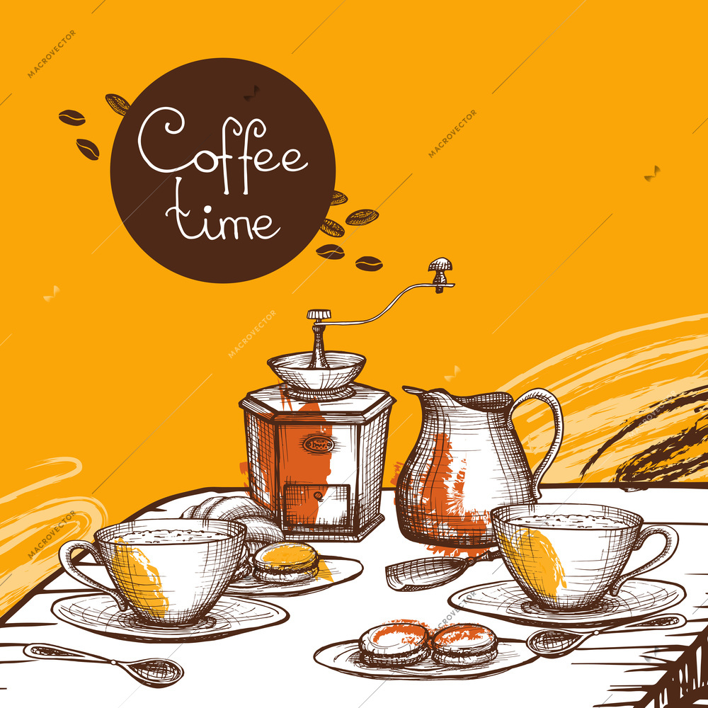 Coffee time with cup of coffee with milk cream and cookies background composition poster abstract  vector illustration