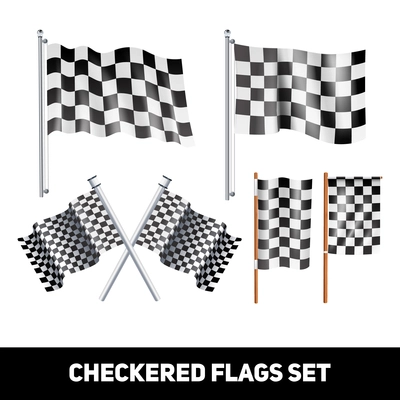 White and black checkered flags on shaft and pole realistic color decorative icon set isolated vector illustration