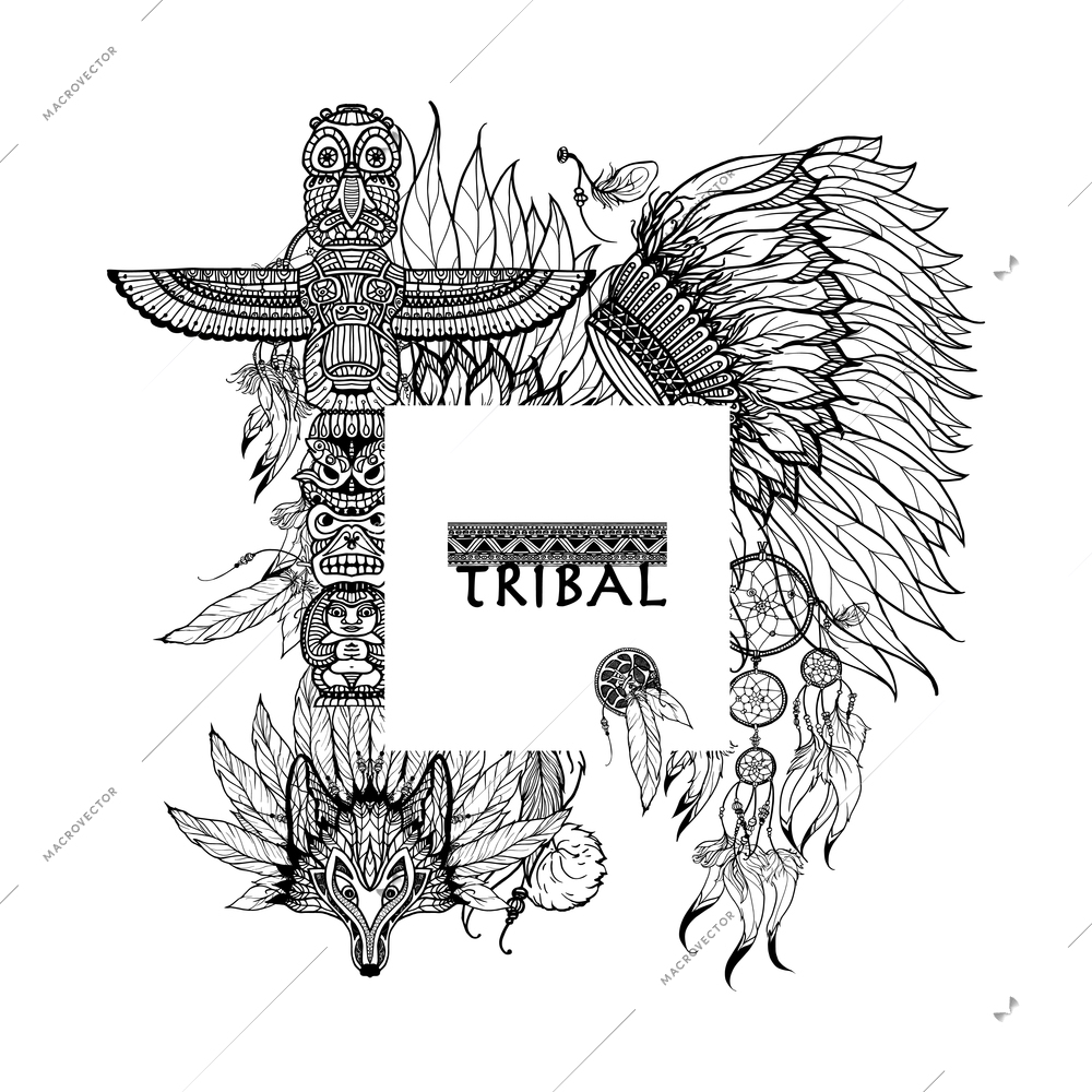 Tribal frame with doodle totem dreamcatcher animal mask vector illustration