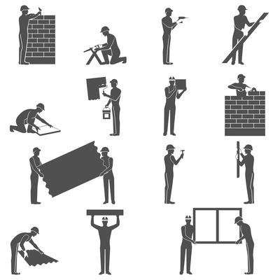 Builders black icons set with handyman people silhouettes isolated vector illustration