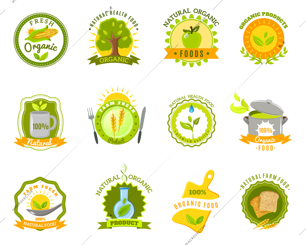 Eco organic farm quality  fresh products for healthy natural food emblems icons set abstract isolated vector illustration