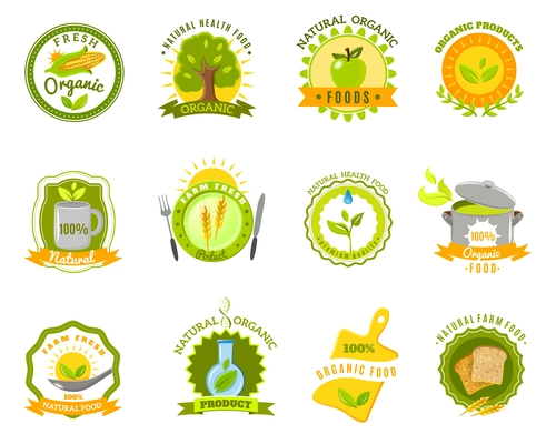 Eco organic farm quality  fresh products for healthy natural food emblems icons set abstract isolated vector illustration