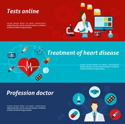 Medical banner horizontal set with tests online and treatment elements isolated vector illustration