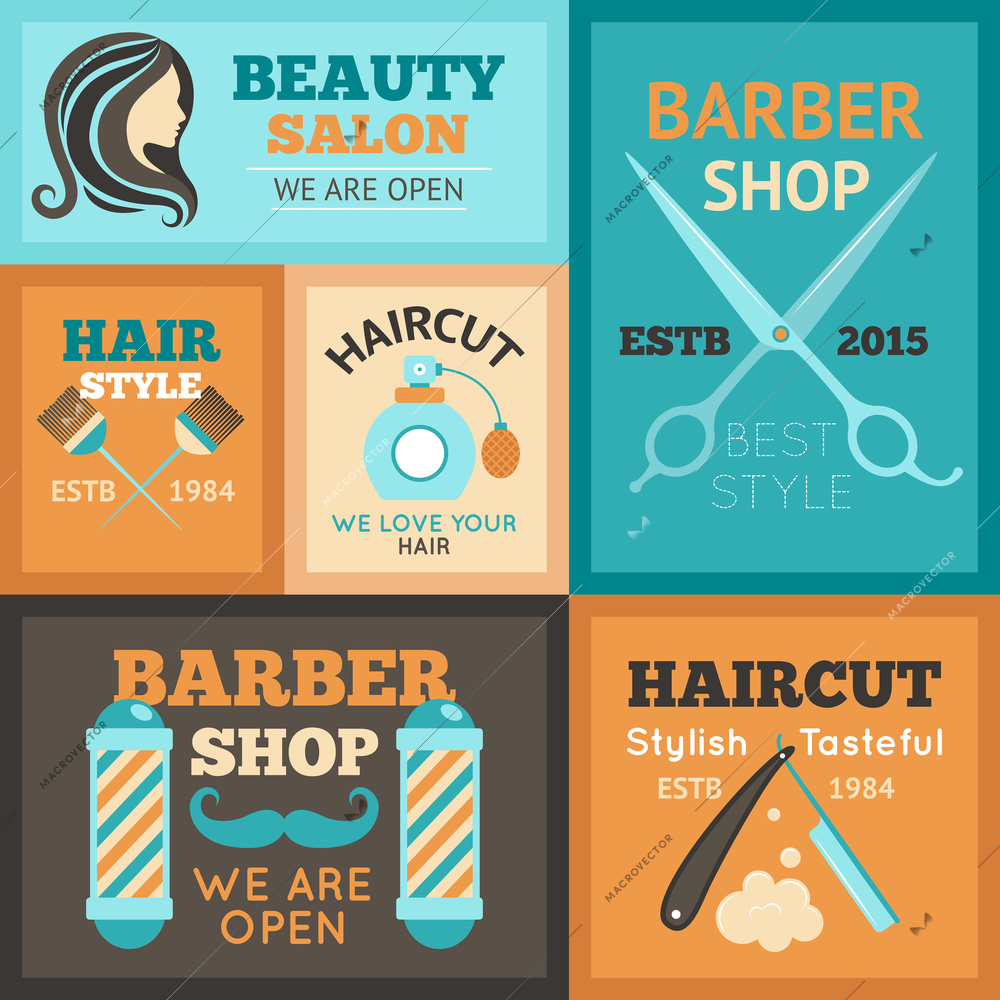 Hairdress beauty salon and barber shop poster set isolated vector illustration