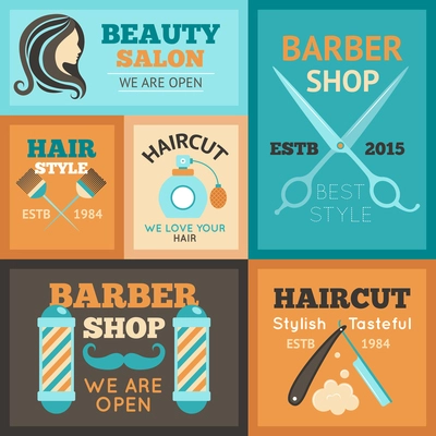 Hairdress beauty salon and barber shop poster set isolated vector illustration