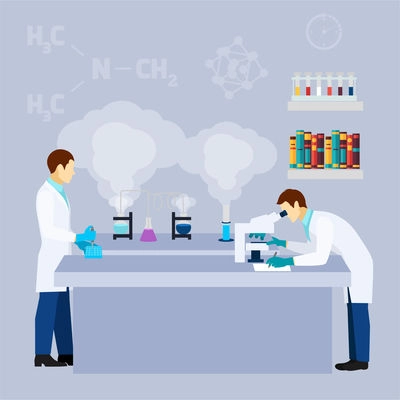 Chemistry laboratory research test tubes flat icon poster with two scientists in lab coats abstract vector illustration