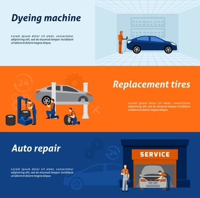 Automotive dyeing and recoloring tires replacement and auto repair service 3 flat banners abstract vector isolated illustration