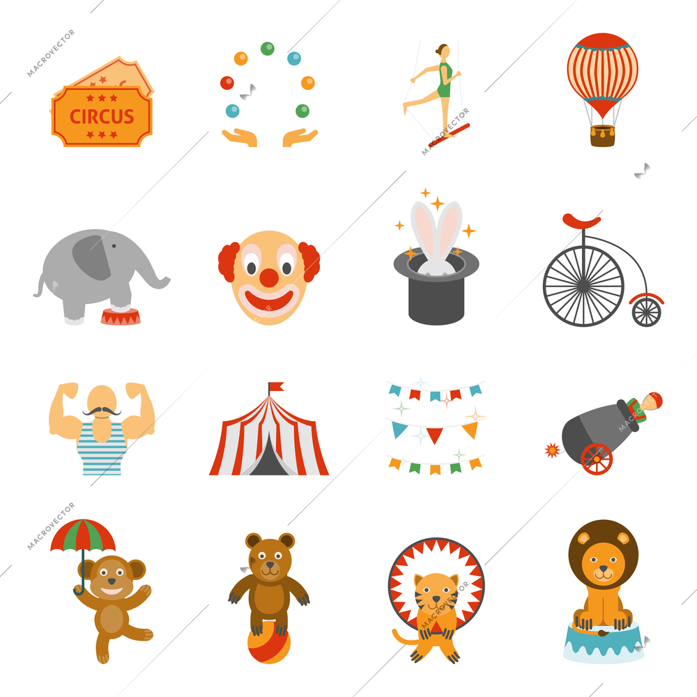 Travelling chapiteau tent magic performance flat icons set with clown and circus animals abstract isolated vector illustration