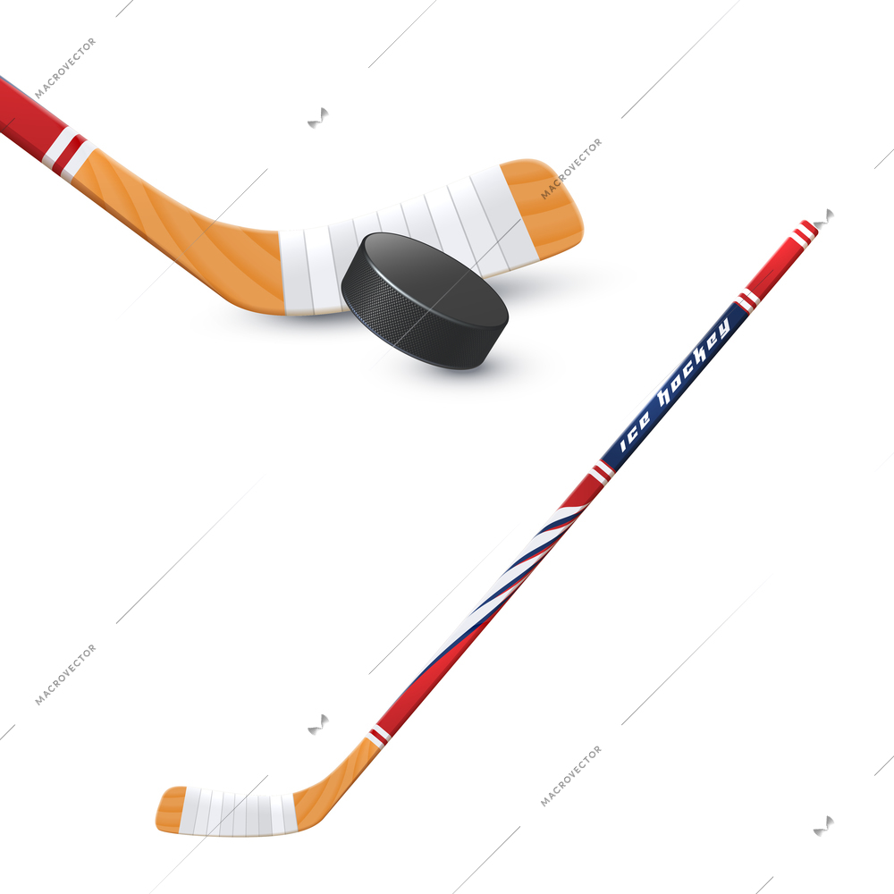 Ice hockey sport wooden stick and puck realistic vector illustration