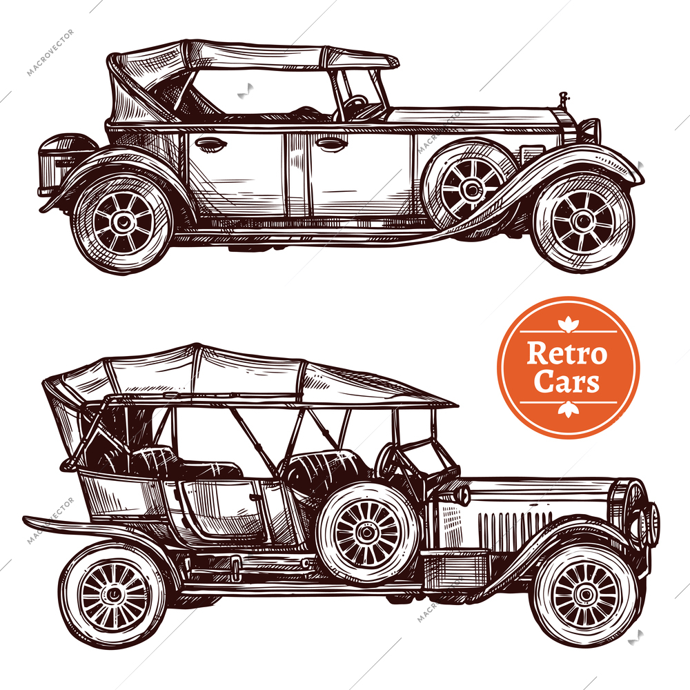 Retro cars hand drawn decorative icons set isolated vector illustration