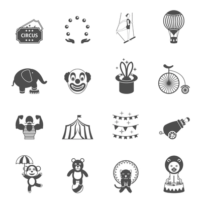 Travelling chapiteau tent performance black icons set with magician hat and circus clown abstract isolated vector illustration