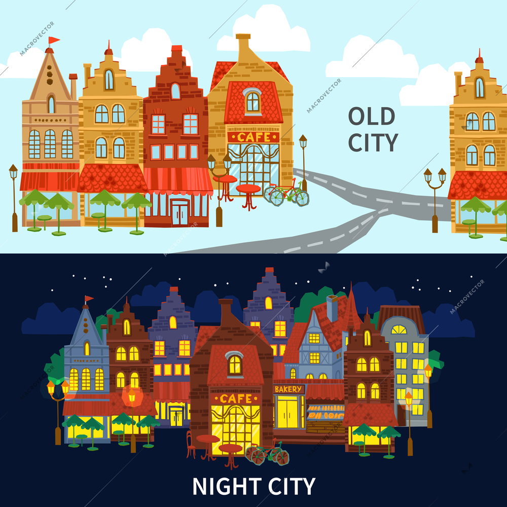 City horizontal banner set with old style buildings day and night isolated vector illustration