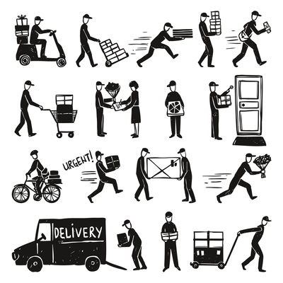 Delivery doodle set with postman and courier silhouettes isolated vector illustration