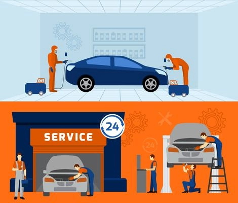 Auto mechanic garage service  2 flat banners set with car maintaining and renovation abstract vector isolated illustration