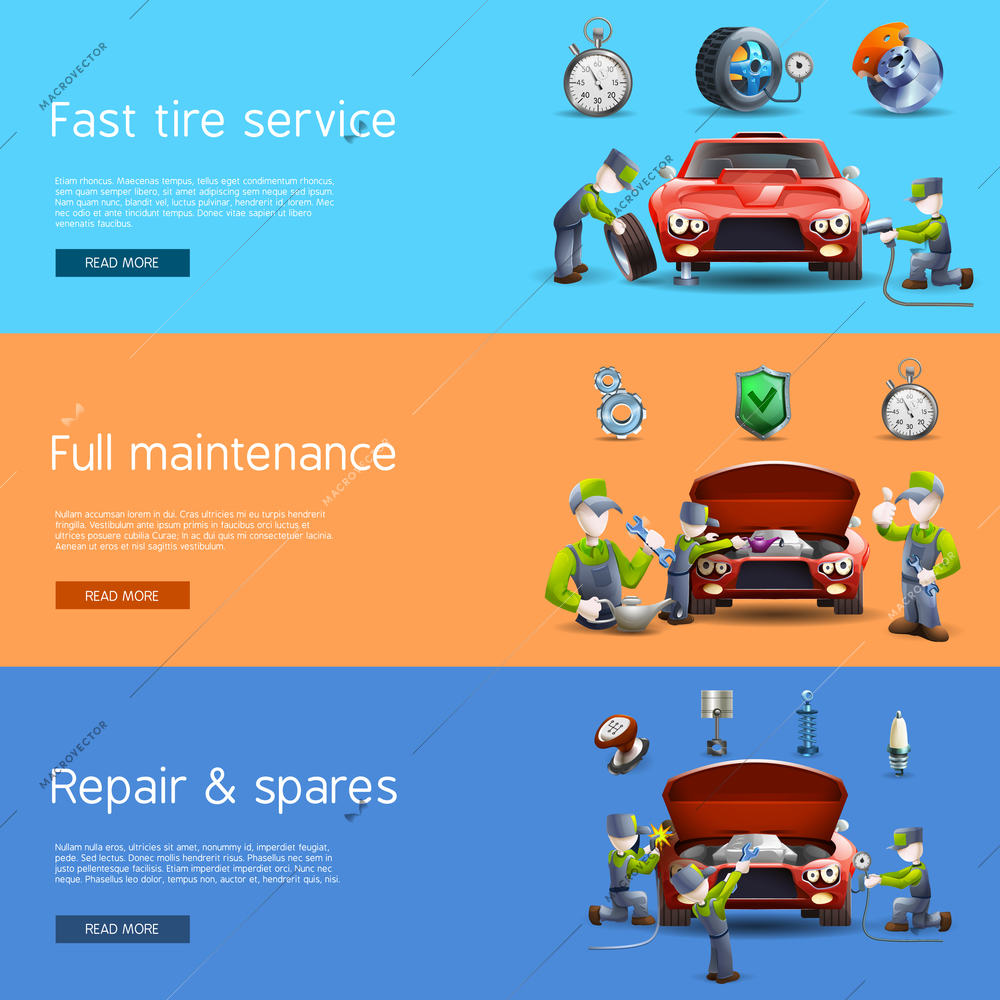 Auto mechanic full service interactive internet homepage with 3 horizontal  flat banners set abstract vector isolated illustration