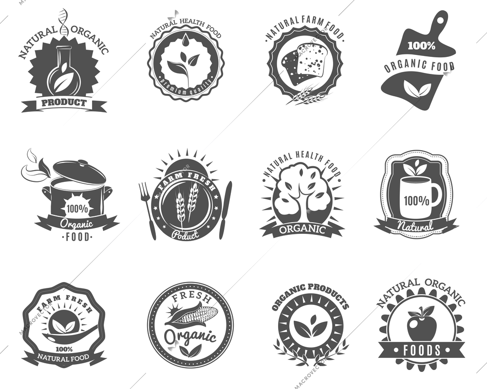 Eco organic food brands emblems for best quality products black icons set abstract isolated vector illustration