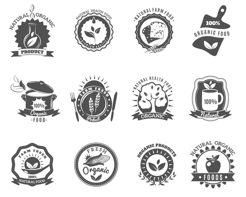 Eco organic food brands emblems for best quality products black icons set abstract isolated vector illustration