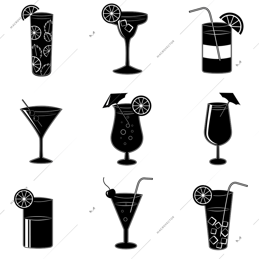 Pictograms of party cocktails with alcohol drinks martini vodka tequila and brandy isolated vector illustration