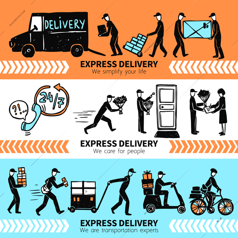 Express delivery horizontal banner set with hand drawn people silhouettes isolated vector illustration