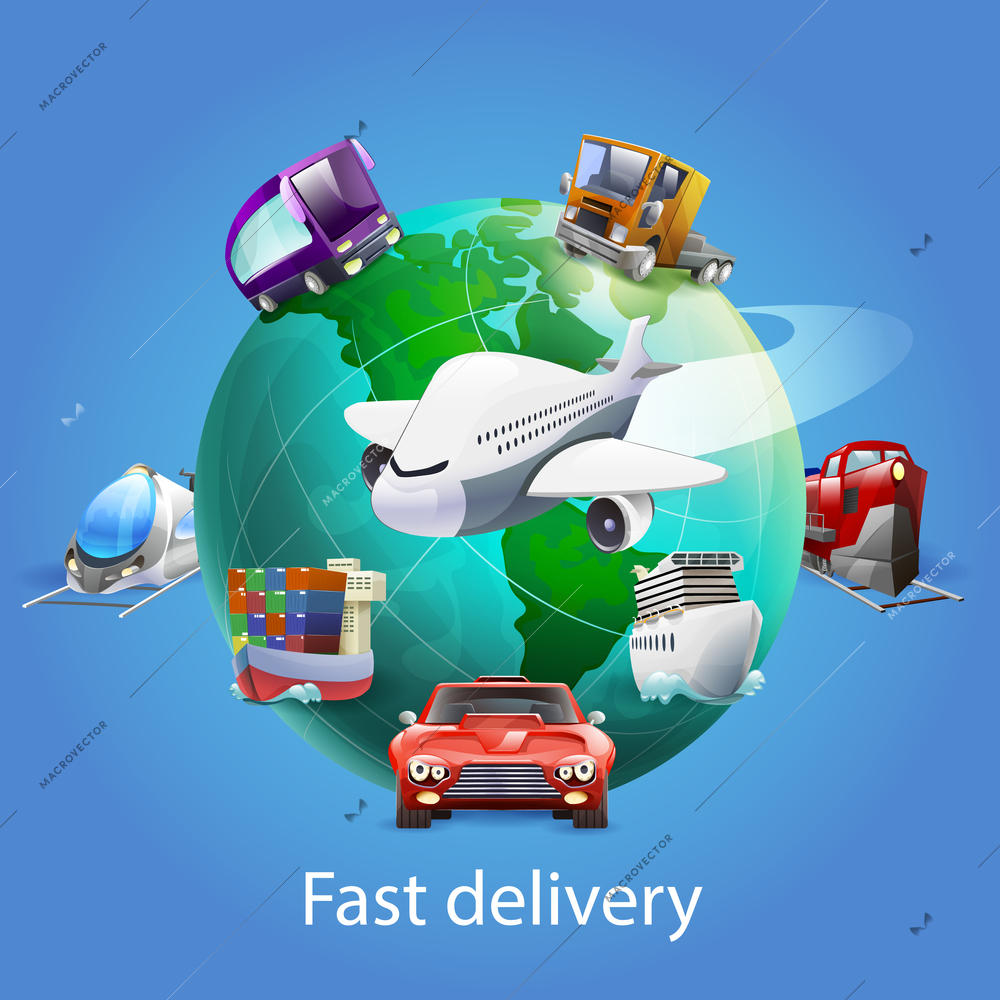 Fast delivery cartoon concept with globe plane car and ship on blue background vector illustration