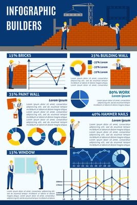 Builders corporation skillful personnel participating in construction projects statistics and specification infographic layout design abstract vector illustration