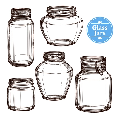 Hand drawn old style glass jars set isolated vector illustration