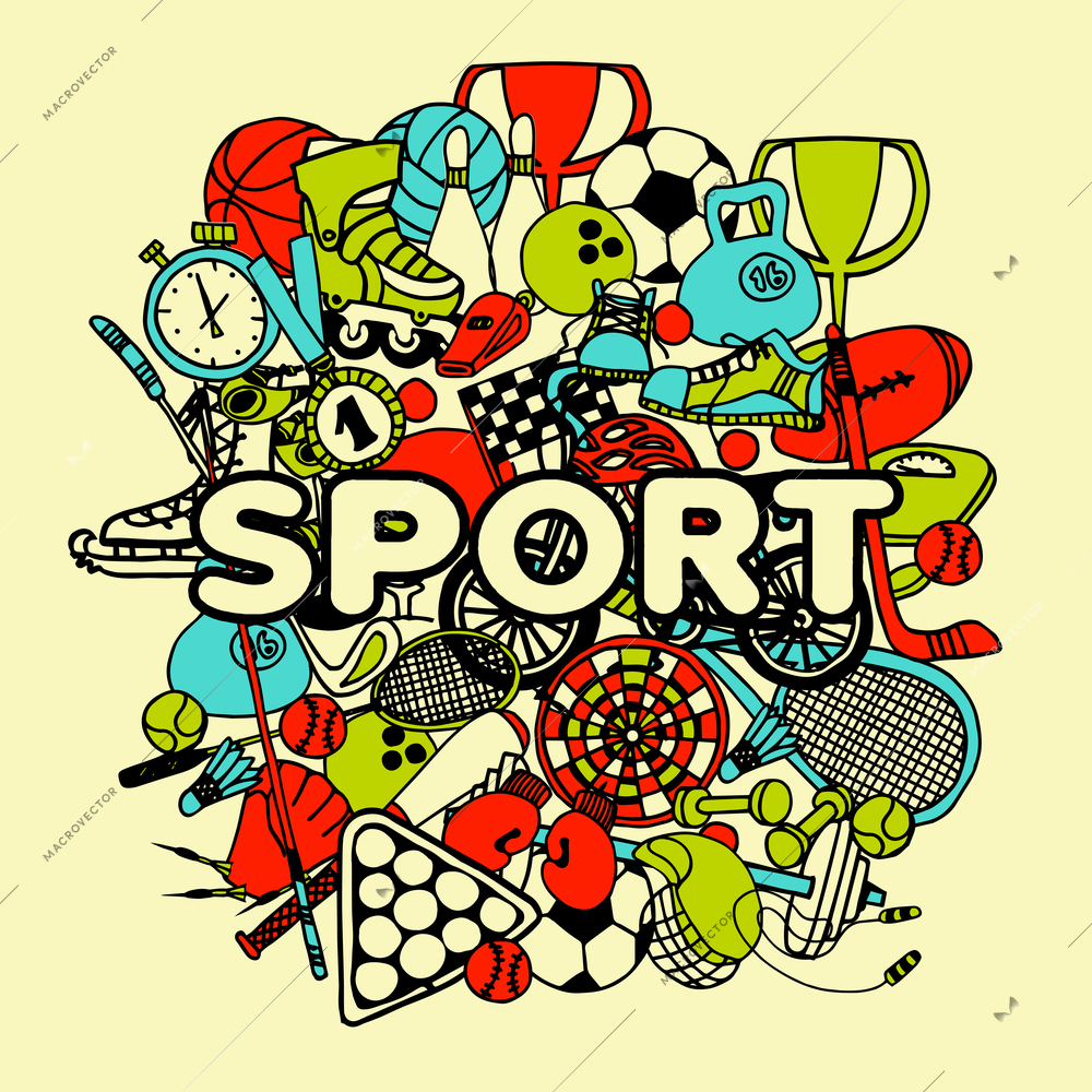 Sport doodle collage with hand drawn game equipment vector illustration