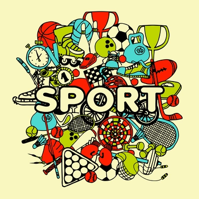 Sport doodle collage with hand drawn game equipment vector illustration