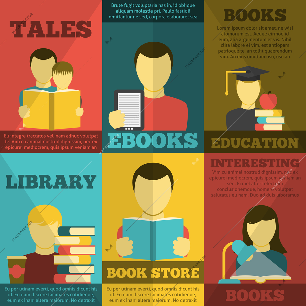 Reading poster set with bookstore library tales and e-books flat isolated vector illustration