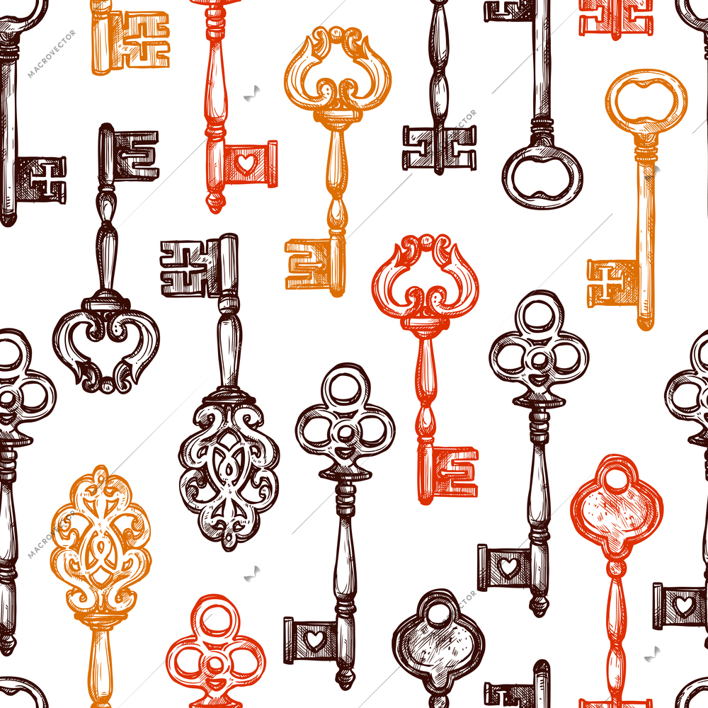 Vintage old style decorated keys hand drawn seamless pattern vector illustration